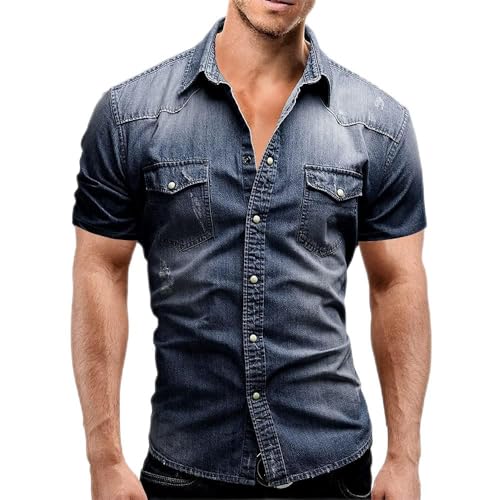 ABUCIYO Männer Denim Dünne Hemd Kurzarm Weiche Baumwolle Zwei Taschen schlank leichte elastische Jeans Cowboy-Hemd (Dark Blue,Medium) von ABUCIYO