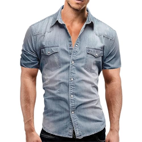 ABUCIYO Männer Denim Dünne Hemd Kurzarm Weiche Baumwolle Zwei Taschen schlank leichte elastische Jeans Cowboy-Hemd (Light Blue,Large) von ABUCIYO