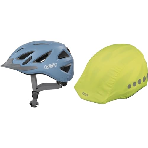 ABUS 86894 Fahrradhelm, Blau (Glacier Blue), S (51-55 cm) & Regenkappe für Helme - Regenschutz mit dekorativen Reflektoren und Gummizug - wasserabweisend – Gelb von ABUS