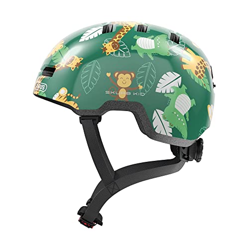 ABUS Kinderhelm Skurb Kid - robuster Fahrradhelm im Skater-Look mit Platz für einen Zopf und vielfältigen Designs - für Mädchen und Jungen - Grün mit Junglemuster, Größe S ABUS Kinderhelm Skurb Kid - robuster Fahrradhelm im Skater-Look mit Platz für einen Zopf und vielfältigen Designs - für Mädchen und Jungen - Grün mit Junglemuster, Größe S von ABUS