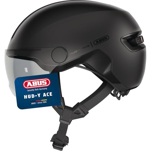 ABUS Stadthelm HUD-Y ACE - stylischer Fahrradhelm mit Visier und magnetischem, aufladbarem LED-Rücklicht - für Damen und Herren - Schwarz, Größe L von ABUS