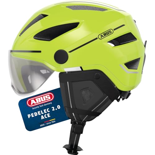 ABUS Stadthelm Pedelec 2.0 ACE - Fahrradhelm mit Rücklicht, Visier, Regenhaube, Ohrenschutz - für Damen und Herren - Gelb Glänzend, Größe L ABUS Stadthelm Pedelec 2.0 ACE - Fahrradhelm mit Rücklicht, Visier, Regenhaube, Ohrenschutz - für Damen und Herren - Gelb Glänzend, Größe L von ABUS