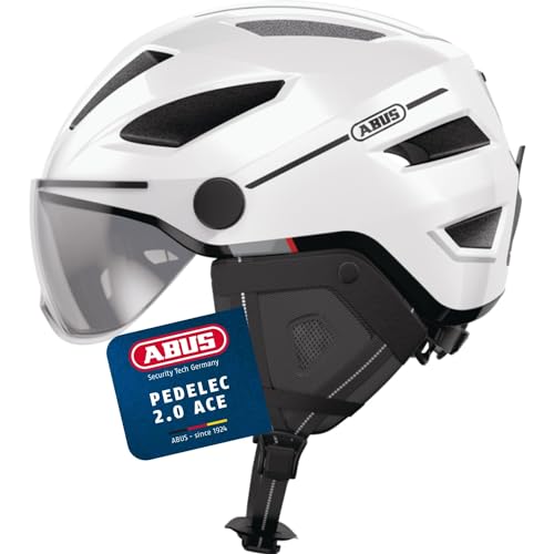 ABUS Stadthelm Pedelec 2.0 ACE - Fahrradhelm mit Rücklicht, Visier, Regenhaube, Ohrenschutz - für Damen und Herren - Weiß Glänzend, Größe S von ABUS