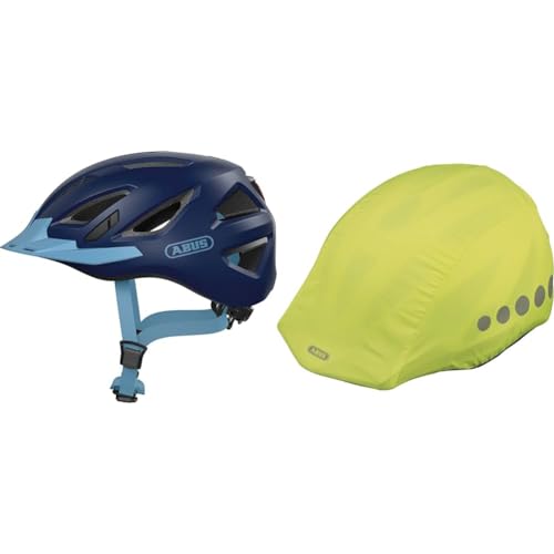 ABUS Unisex, Fahrradhelm, Blau (Core Blue), M (52-58 cm) & Regenkappe für Helme - Regenschutz mit dekorativen Reflektoren und Gummizug - wasserabweisend – Gelb von ABUS