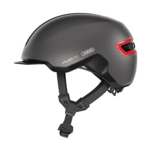 ABUS Urban Helm HUD-Y - mit magnetischem, aufladbarem LED-Rücklicht & Magnetverschluss - cooler Fahrradhelm für den Alltag - für Damen und Herren - Titan/Rot Matt, Größe M von ABUS