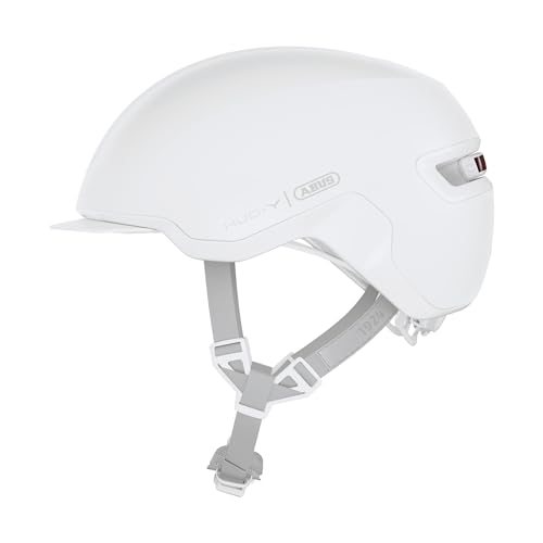 ABUS Urban Helm HUD-Y - mit magnetischem, aufladbarem LED-Rücklicht & Klickverschluss - Cooler Fahrradhelm für den Alltag - für Damen und Herren - Pure White, Größe M von ABUS