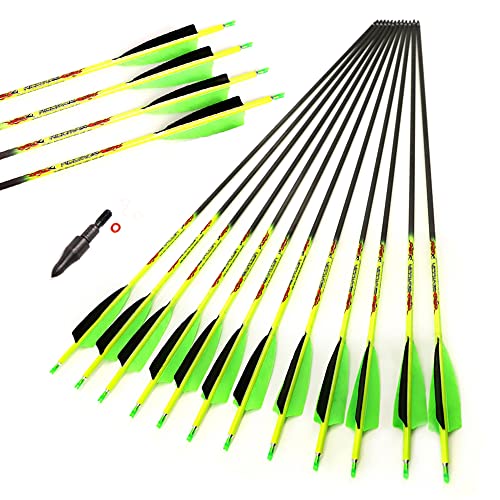 ACCMOS 12er Pack 28 Zoll 4" Truthahnfeder Pfeile, Spine 600, ID 6,2 mm, Beidhändig, für Recurve- und Compoundbogen, Übungspfeile von ACCMOS