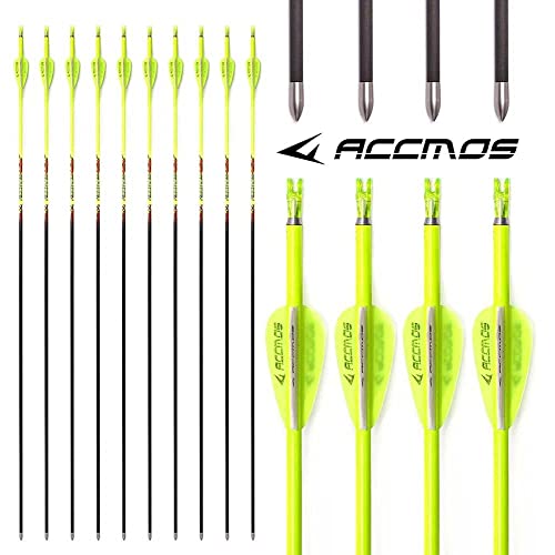 ACCMOS Spine 500 ID 4,2 mm Bogenschießen Pfeile, für Compound Bogen Recurve Bögen Jagd Schießen Orange oder Gelb Carbon Pfeil 12 St (30inch, YW Spine 500) von ACCMOS