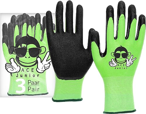 ACE Junior Arbeits-Handschuh für Kinder - 3 Paar Schutz-Handschuhe für die Garten-Arbeit - Grün - 7-8 Jahre (3er Pack) von ACE