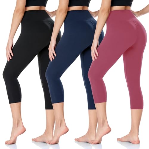 ACTINPUT Capri Leggings Damen 3/4 Caprihose High Waist Schwarz Sport Leggins Elastische Blickdicht Yogahose Sporthose Laufhose Sommer Große Größen Leggings (L-XL, Schwarz/Navy/Rot) von ACTINPUT