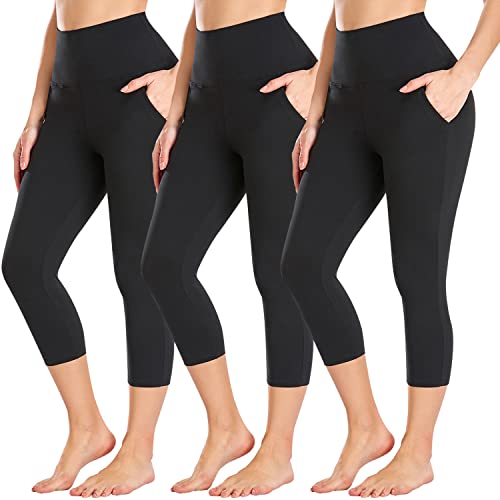 ACTINPUT Capri Leggings Damen 3/4 Caprihose High Waist Schwarz Sport Leggins Elastische Blickdicht Yogahose Sporthose Laufhose Sommer Große Größen Leggings mit Taschen von ACTINPUT