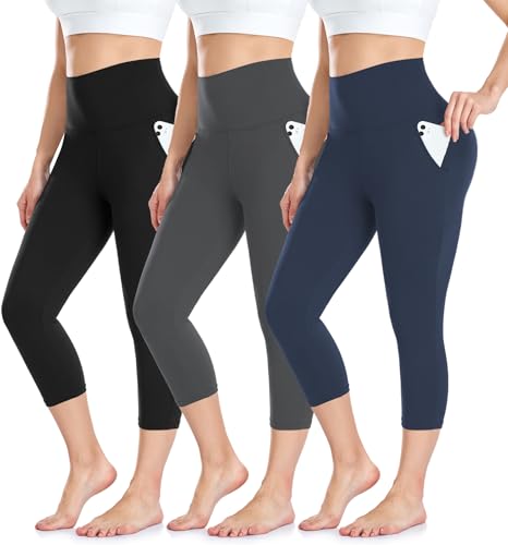 ACTINPUT Capri Leggings Damen 3/4 Caprihose High Waist Schwarz Sport Leggins mit Taschen Elastische Blickdicht Yogahose Sporthose Laufhose Sommer Große Größen Leggings(Schwarz/Dunkelgrau/Navy,XXL-3XL) von ACTINPUT