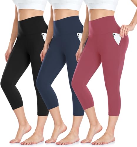 ACTINPUT Capri Leggings Damen 3/4 Caprihose High Waist Schwarz Sport Leggins mit Taschen Elastische Blickdicht Yogahose Sporthose Laufhose Sommer Große Größen Leggings(Schwarz/Navy/Rot,XXL-3XL) von ACTINPUT