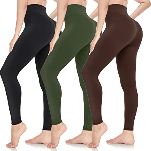 ACTINPUT Leggings Damen High Waist Leggins Blickdicht Schwarz Sportleggings Lang Elastische Yogahose Laufhose Trainingshosen Für Sport Gym Yoga (3er Pack - Schwarz/Armeegrün/Braun, S-M) von ACTINPUT