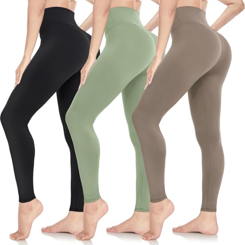 ACTINPUT Leggings Damen High Waist Leggins Blickdicht Schwarz Sportleggings Lang Elastische Yogahose Laufhose Trainingshosen Für Sport Gym Yoga (3er Pack - Schwarz/Hellgrün/Taupe,S-M) von ACTINPUT