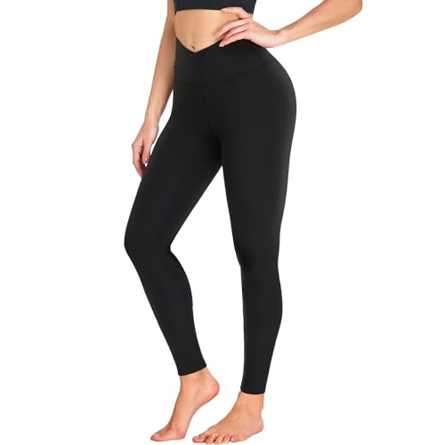 ACTINPUT Leggings Damen Kreuz Taille Sport Leggings Blickdicht Schwarz Leggins Elastisch Yogahose Sporthose Laufhose für Sport Gym Fitness(Schwarz,L-XL) von ACTINPUT