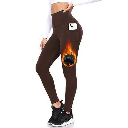 ACTINPUT Thermo Leggings Damen Gefütterte Thermoleggins High Waist Thermohose Winter Warme Sportleggins Strumpfhosen Yogahose Laufhose Sporthose mit Taschen(Braun,S-M) von ACTINPUT