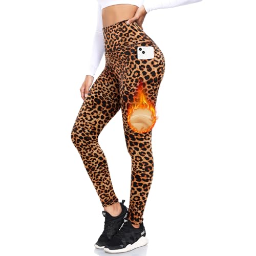 ACTINPUT Thermo Leggings Damen Gefütterte Thermoleggins High Waist Thermohose Winter Warme Sportleggins Strumpfhosen Yogahose Laufhose Sporthose mit Taschen(Leopard,XXL) von ACTINPUT