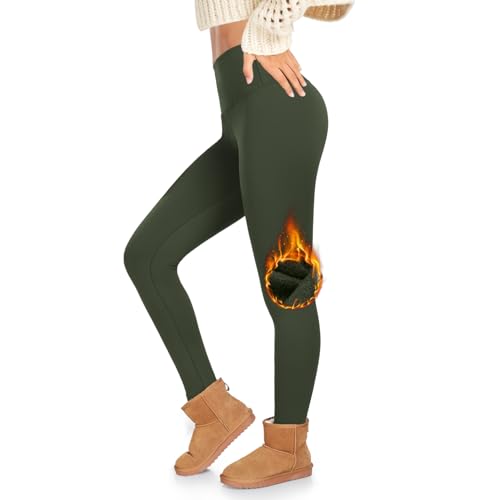 ACTINPUT Thermo Leggings Damen Winter Gefütterte Leggings High Waist Blickdicht Schwarz Leggins Lang Warme Sportleggins Thermoleggins Yogahose Strumpfhose für Alltag(Armee Grün,S-M) von ACTINPUT