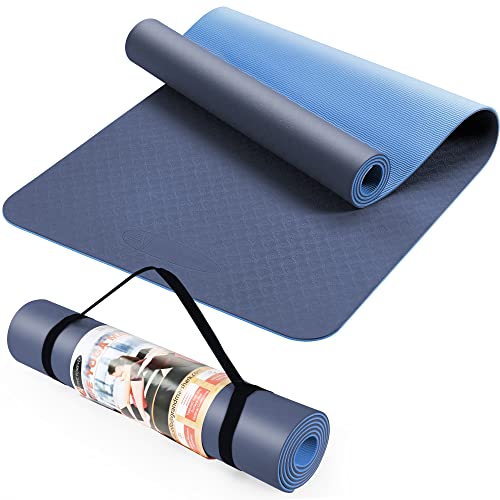 ACTIVE FOREVER Yogamatte, Hochwertige TPE-Yogamatte, Fitness-sporttrainingsmatte, Yogamatte mit Riemen, Rutschfest, Ungiftig, Geeignet für Yoga-Anfänger, Fitness, Pilates Und Turner (Doppelblau) von ACTIVE FOREVER