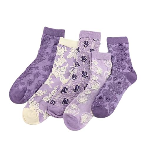 ADFUGE Popularate Socks, Popularate Vintage Embroidered Floral Socks, 5 Pairs Floral Patterned Socks Women Fashion Vintage Socks (Purple) von ADFUGE