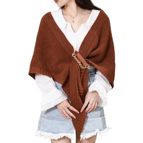 Knitted Triangle Shawl with Leather Buckle,Women Knitted Triangle Shawl,Fall Winter Knitted Shawl Warm Scarf Cozy Ponchos (One Size,Caramel) von ADFUGE