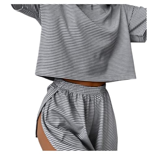 Split Short Pajama Set,Women Striped Print Pajamas Set Shorts Side Split,Two Piece Set Womens Striped Print Drop Shoulder Tee (L,Black) von ADFUGE