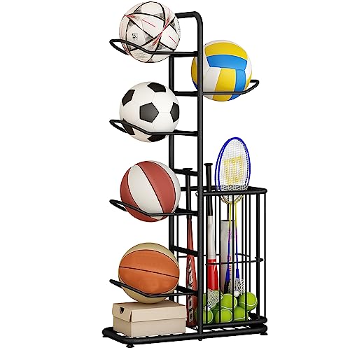 Garage Organizer Für Sportgeräte, Basketball Aufbewahrungsregal, Abnehmbares Standing Rack Halter with 5 Ball Ständer Und Körben, Aufbewahrung Regal Für Rugby Volleyball Fußball Display von ADTSADDTO