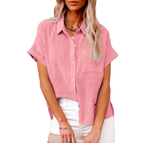 ADovz Leinenhemd, kurzärmelig, lockeres Freizeithemd, einfarbige Kurzarmhemden mit Taschen (L,pink) von ADovz