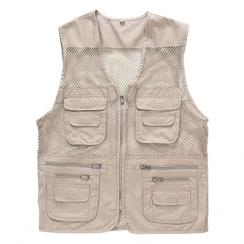 AEETYL Herren-Angelweste, atmungsaktive Mesh-Weste für den Sommer, Fotografie, Camping, verschleißfeste Weste mit Mehreren Taschen für Freizeitreisen und Wandern,Beige,3XL von AEETYL