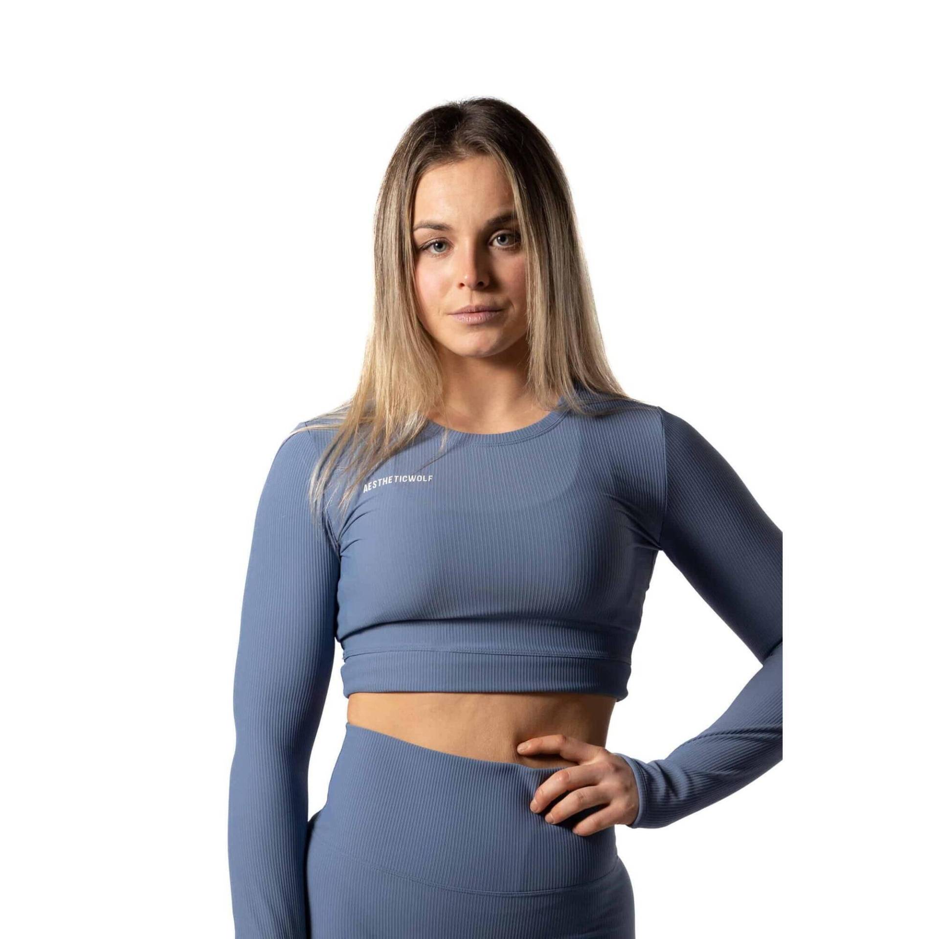 Geripptes v2-Crop-Top mit langen Ärmeln Fitness Blau von AESTHETIC WOLF