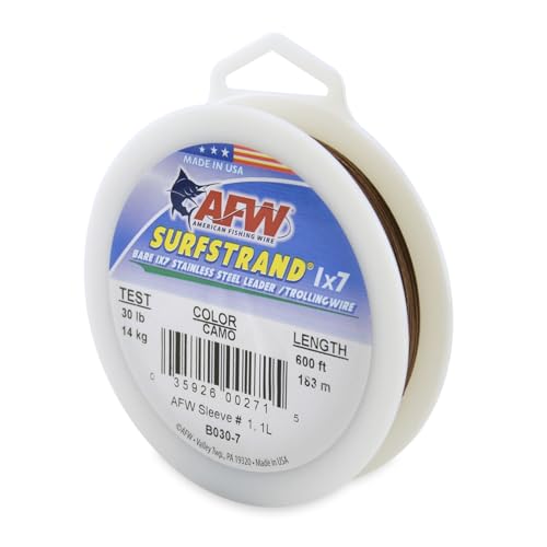 American Fishing Wire Surfstrand, blanker 2,5 x 17,8 cm Edelstahlvorfachdraht, 13,6 kg getestet, 0,00 cm Durchmesser, Camo, 182,9 m von American Fishing Wire