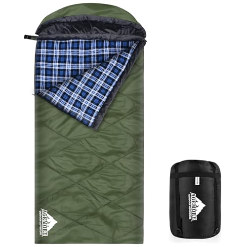 AGEMORE Baumwoll-Flanell-Schlafsack mit Fleece gefütterter Kapuze, wasserdichter 3-4 Jahreszeiten XL Schlafsack für Erwachsene, kaltes Wetter Schlafsack für Camping (Grün, Einzel (220cm*85cm)) von Agemore