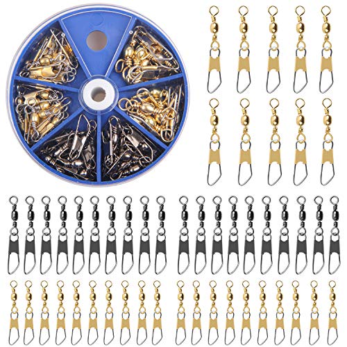 AGOOL Angel-Wirbel-Set – 50 Stück Barrel Wirbel mit Sicherheitsverschluss Angelverbinder Drehverschluss mit massivem Ring Angelzubehör Box Kit, schwarz/gold, Größe 6#,8#,10# von AGOOL