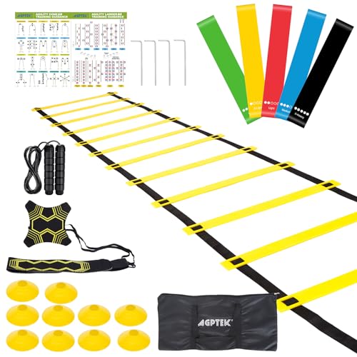 AGPTEK Fussball Trainingszubehör Fußball Koordinationsleiter, Agility Ladder Speed Training Equipment mit 1 Tasche, 10 Hütchen, Springseil, 5 Spannringe AGPTEK Fussball Trainingszubehör Fußball Koordinationsleiter, Agility Ladder Speed Training Equipment mit 1 Tasche, 10 Hütchen, Springseil, 5 Spannringe von AGPTEK