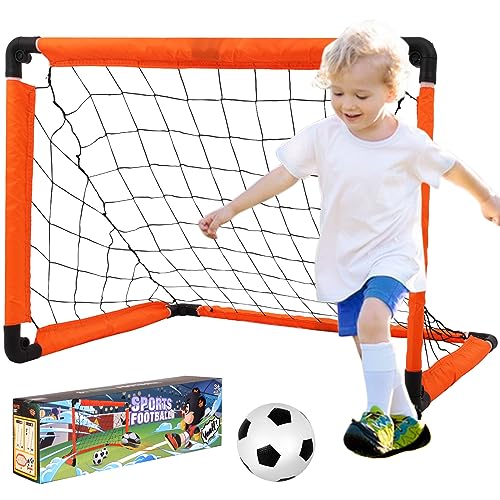 AGRASIV Fußballtore + Fußball Set 90CM Faltbare Tragbar Mini Fußballtore für Kinder Sportspielzeug Kleine Klappfußballtür für Garten Park im Haus Strand Drinnen und Draußen Spielzeuggeschenke (Orange) von AGRASIV