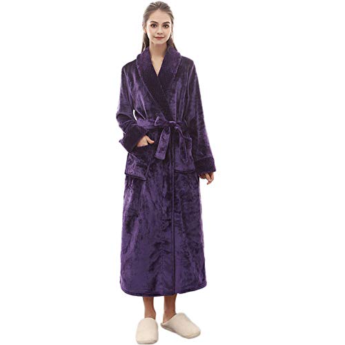 AIHEDOUJ Bademantel, Nachtkleid Damen Bademantel Baumwolle Robe Damen Winter Verlängert Coralline Plüsch Schal Bademantel Langärmeliger Robe Mantel, Weiß (Grün 3XL) (Lila M) von AIHEDOUJ