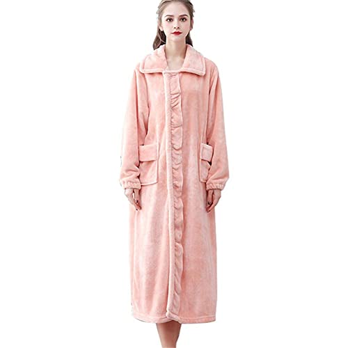 AIHEDOUJ Bademantel für Damen, Winter-Bademantel, dick, warm, lang, Morgenmantel, weicher Flanell, Unisex-Nachthemd mit eleganten Reverskragen, Knöpfen und Taschen (Dunkelgrün XL) (Rosa 3XL) von AIHEDOUJ