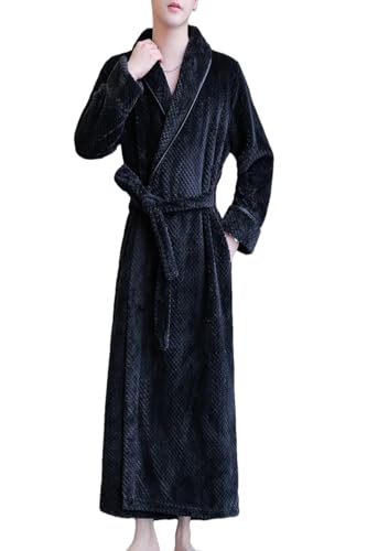 AIHEDOUJ Herren-Bademantel, Dicker Flanell-Kimono, für Herbst und Winter, Fleece, Heim-Nachtwäsche, V-Ausschnitt, warme Gürtel, Bademäntel (schwarz, L) von AIHEDOUJ