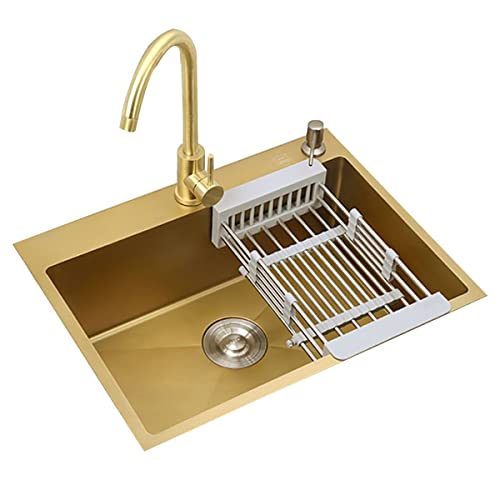 AIHEDOUJ HuntVe Gold-Küchenspüle, Edelstahlspüle, Küchenspülen-Set mit einziehbarem Abflusskorb, Hochleistungs-Küchenspülen für Bar-Badezimmer/Gold/45 * 68 cm von AIHEDOUJ