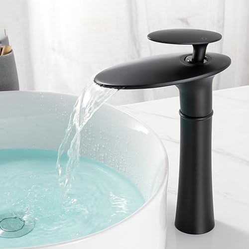 AIHEDOUJ Mischbatterie Badezimmer Waschbecken Wasserfall Wasserhahn, Einhebel Wasserfall Badezimmer Wasserhahn Waschbecken Mischer Waschtischarmaturen Schwarz, High Style von AIHEDOUJ