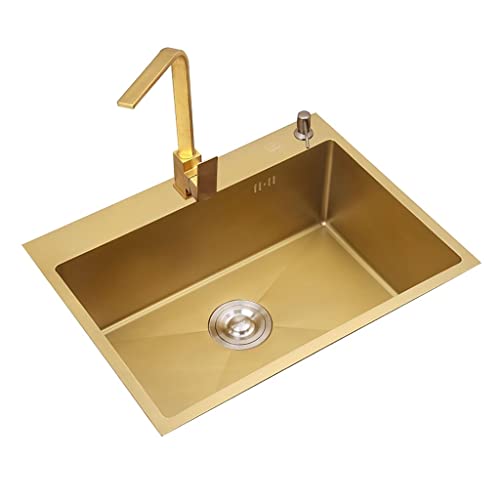 AIHEDOUJ SaifFe Küchenspüle, Einzelbecken-Spüle mit Wasserhahn, Nano-Gold-Spüle, multifunktionaler einziehbarer Abflusskorb, eingebaut oder unter der Theke/Gold/45 x 40 x 21 cm von AIHEDOUJ