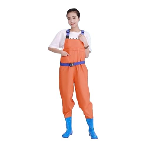 AIJILI Wathose Damen wasserdichte Regenhose mit Stiefel, Wathose, Wathose Damen, Teichhose, Wathose Anglerhose, Jagdwathose, rutschfeste Wathose(Orange,36) von AIJILI