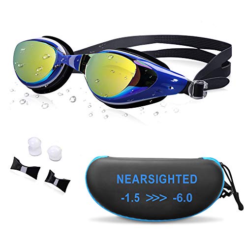 AIKOTOO Schwimmbrille, kurzsichtig, Myopic mit verschreibungspflichtigen Gläsern, Antibeschlag-Nase, Clip Ohrstöpsel für Damen, Kinder, Männer, Schwimmbrille ..., BLUE519, -4.0 von AIKOTOO