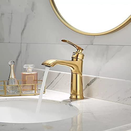 AITEKODVG Wasserhahn Gold Waschbecken Wasserhahn Moderne Badezimmer Waschbecken Mischbatterie Messing Waschbecken Wasserhahn Einhand Einloch Warm- und Kaltkran für Badezimmer von AITEKODVG