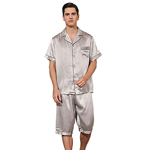 AIYIFU Herren Kurzarm Pyjama Set, Button-Down Seidenpyjama für Herren mit Shorts,Silver,XL von AIYIFU