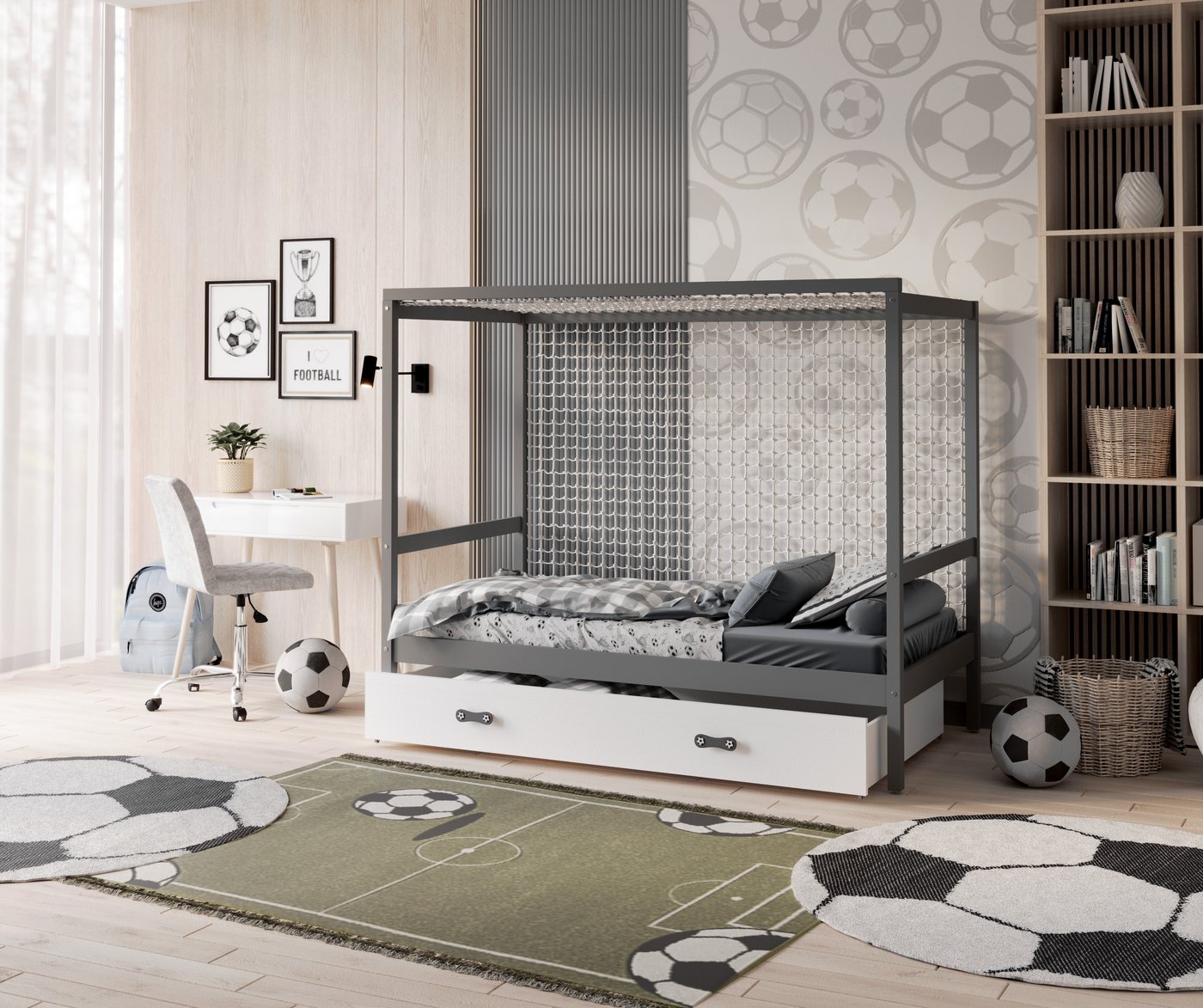 AJKmeble Jugendbett Fussball Fußball Tor ohne Netz Kinderbett 80x160cm Natur oder Grau (MADE IN EU - mit Schublade für Jungen oder Mädchen, Kinderbett Einzelbett mit Stauraum), aus Kiefernholz gefertigt von AJKmeble