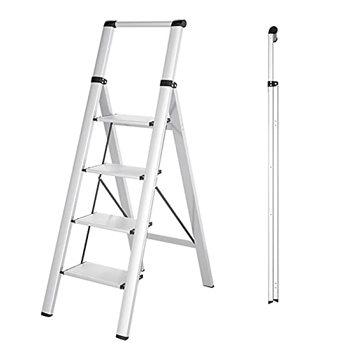 4-Stufen-Leiter, faltbarer Tritthocker aus Aluminiumlegierung, mit Armlehnen und rutschfesten Pedalen, geeignet für Home-Office-Treppen, Belastung 120 kg (4 Farben, 45,5 x 84 x 136 cm) (Farbe: Weiß) von AJYBYUKJ