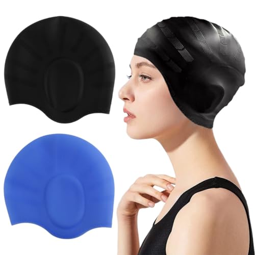 AKJAXQU 2 Stück Unisex Badekappen Damen Herren mit 3D-Ohrenschutz, Schwimmkappe Langlebige Flexible Silikon Bademütze Badehaube Kinder Erwachsene für kurzes/langes Haar von AKJAXQU