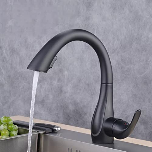 AKNGFO Waschbecken Wasserhahn Küche Küchenarmatur Einfacher Stil Drehbarer Zughahn Haushalt Universeller All-Kupfer-Warm- und Kaltwassertank Schwarzer Küchenarmatur von AKNGFO